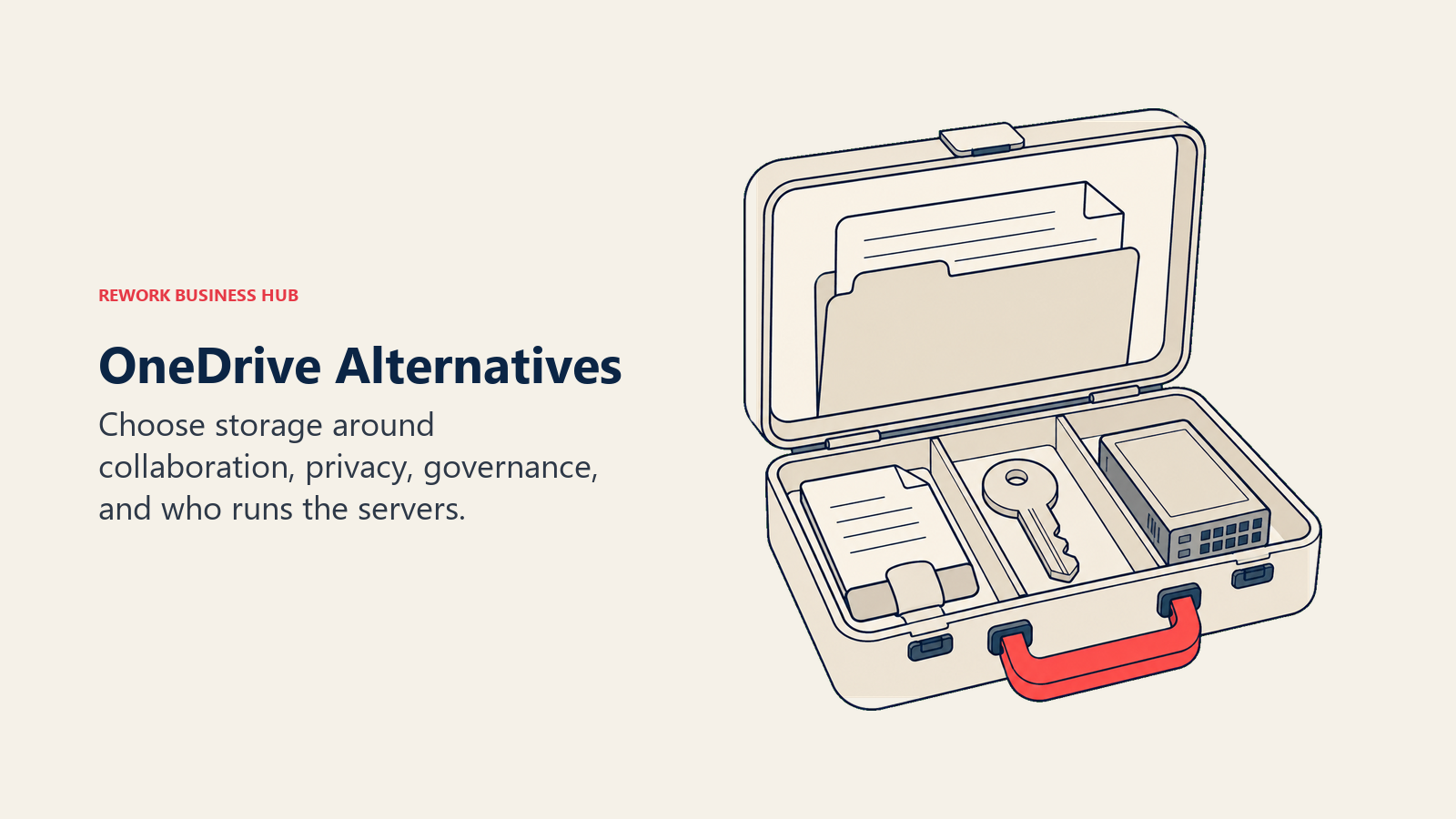 File case containing documents, a key, and a server to compare OneDrive alternatives.