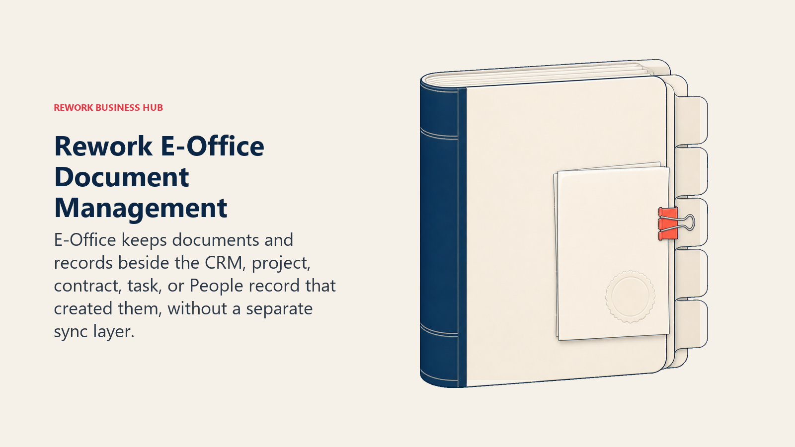 Rework E-Office document management shown as documents attached to CRM, project, contract, task, and People records