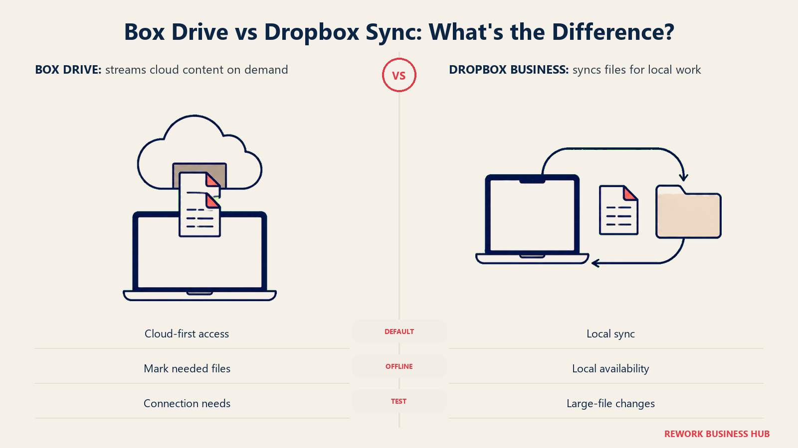 Box Drive vs Dropbox Sync illustrated with cloud-first document access beside local file synchronization