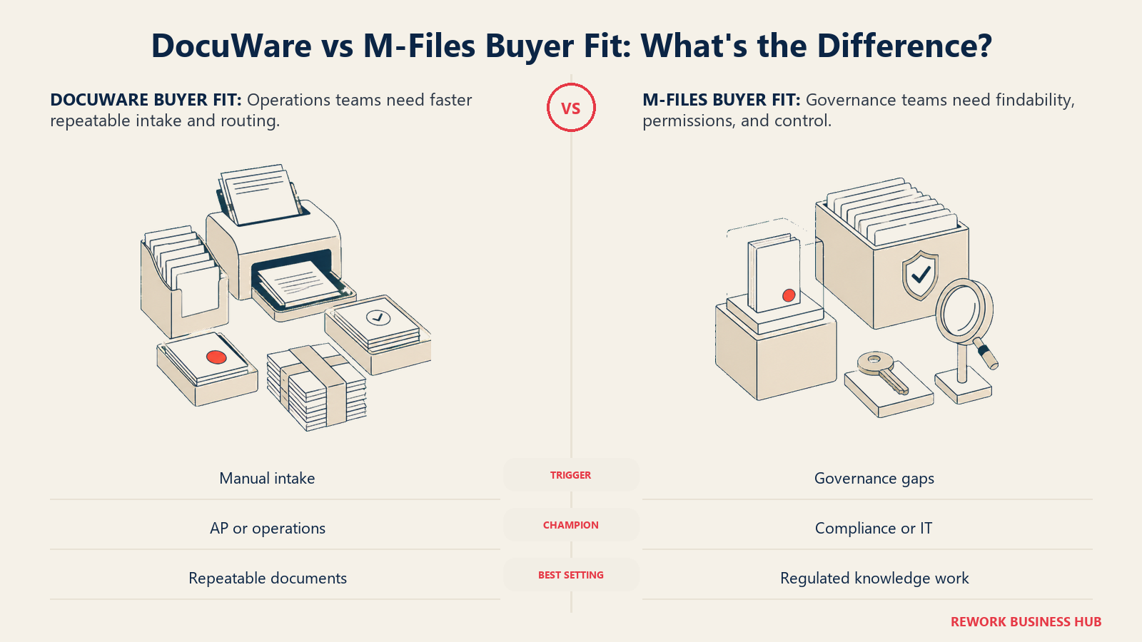 DocuWare versus M-Files buyer fit shown as a high-volume invoice intake station beside a controlled policy and quality archive