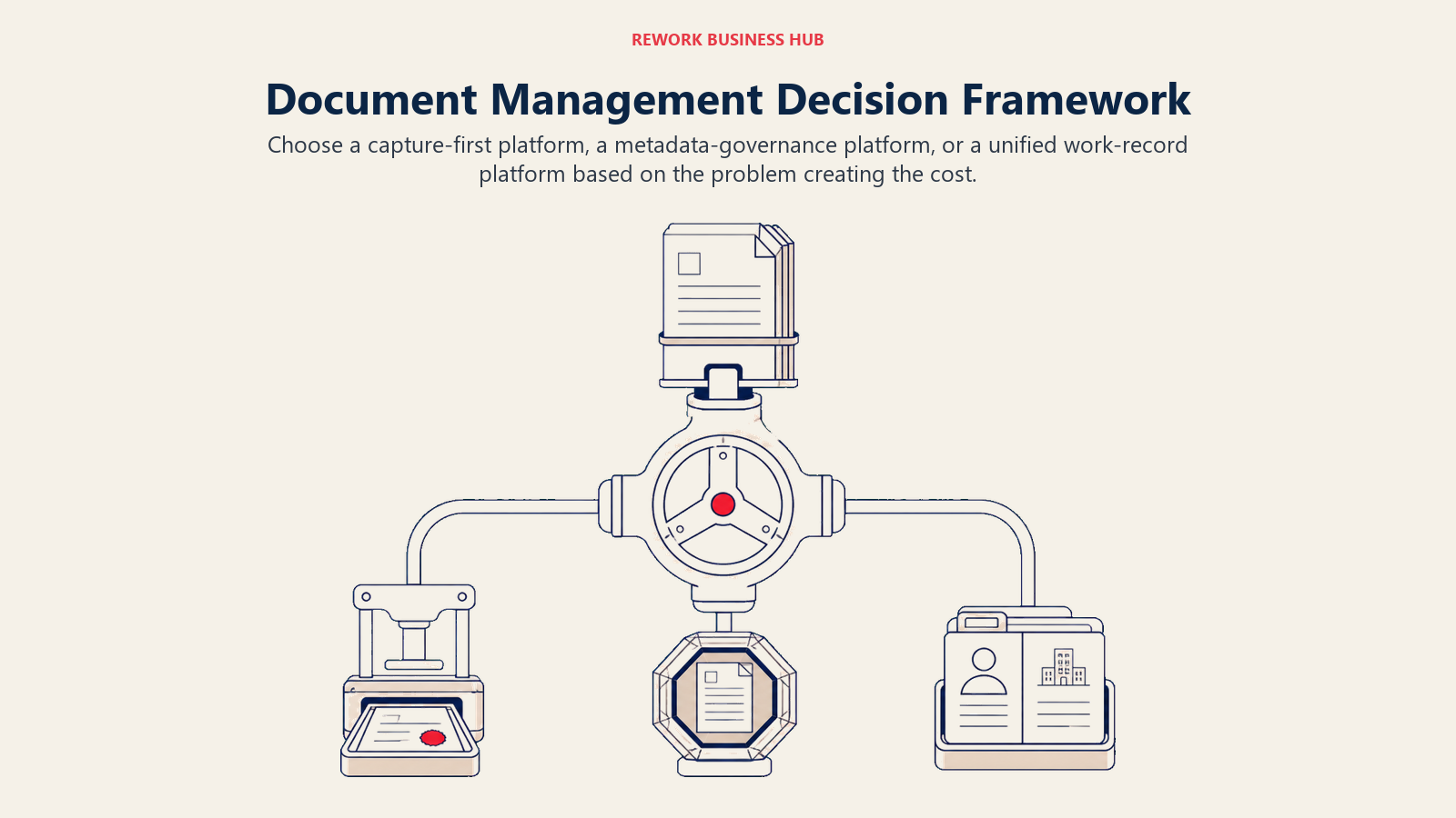Document management decision framework routing one dossier toward capture automation, metadata governance, or a unified work record