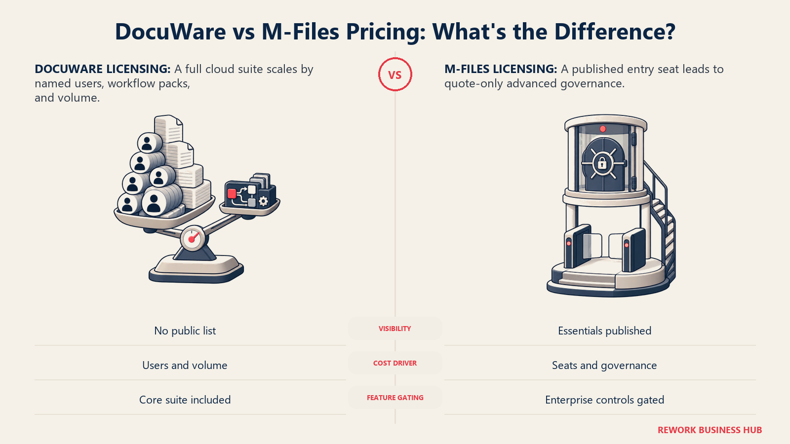 DocuWare versus M-Files pricing shown as a sliding user-and-storage scale beside a published entry gate and locked governance tier