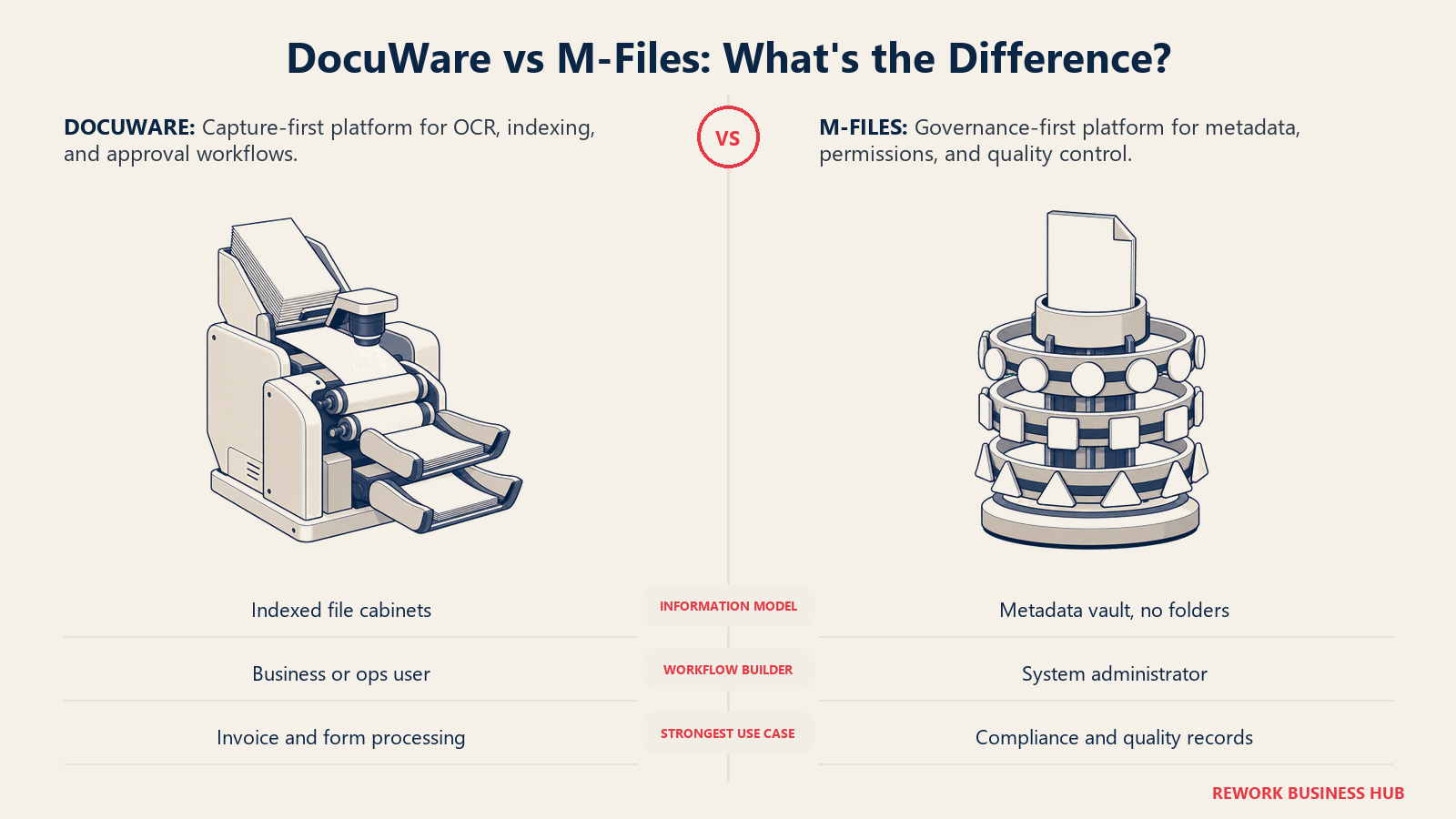 DocuWare vs M-Files shown as a capture and routing press beside a metadata-governance viewing vault