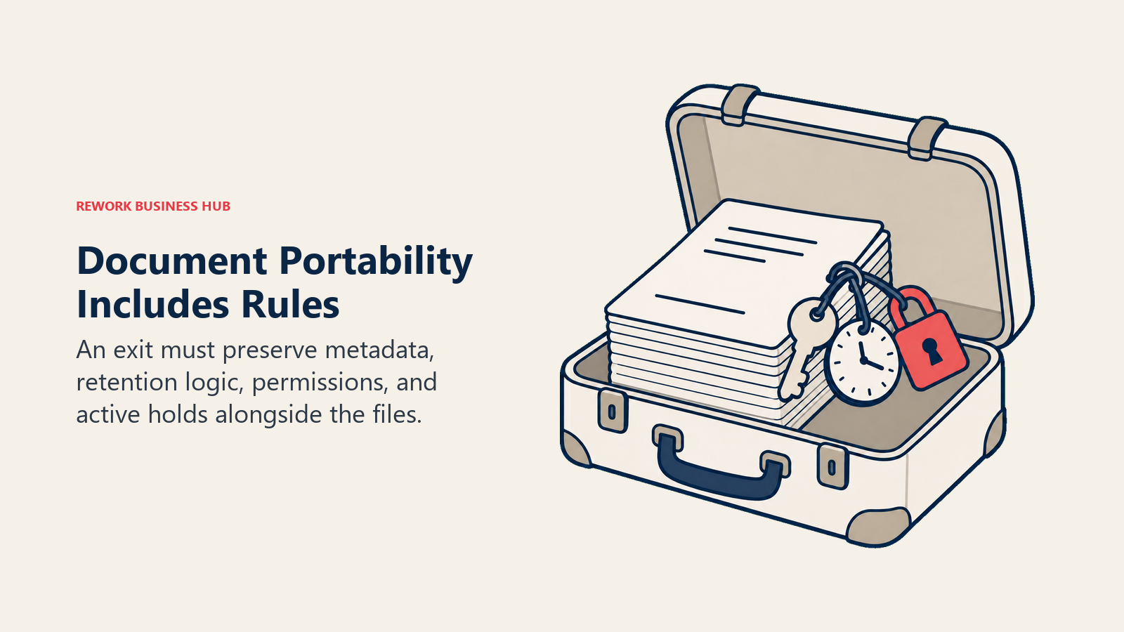 Document Portability Includes Rules: An exit must preserve metadata, retention logic, permissions, and active holds alongside the files.