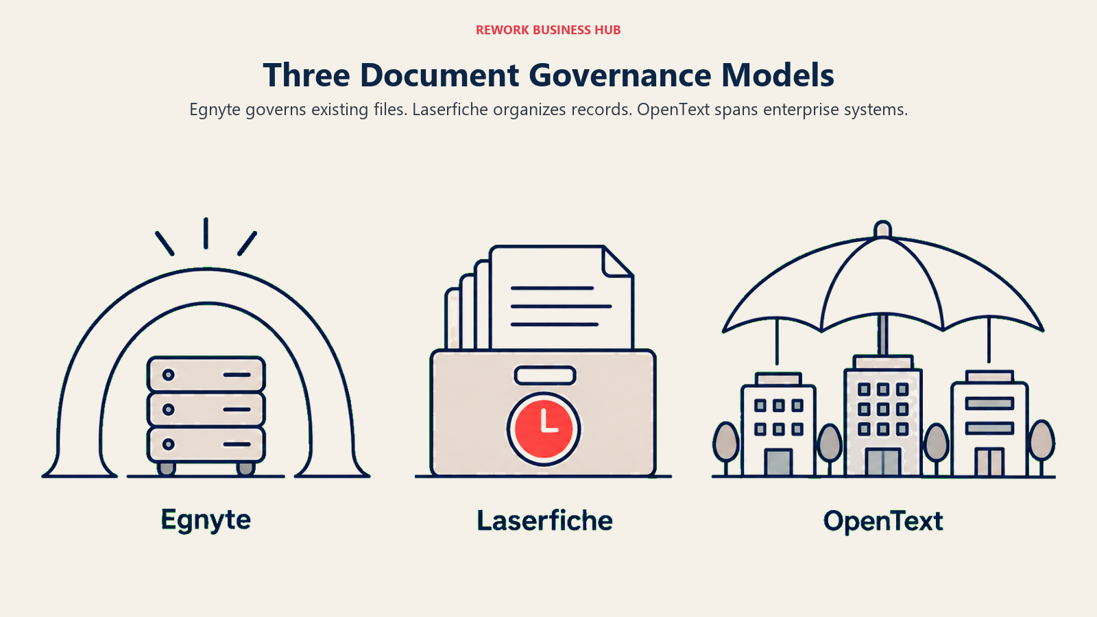 Three Document Governance Models: Egnyte governs existing files. Laserfiche organizes records. OpenText spans enterprise systems.