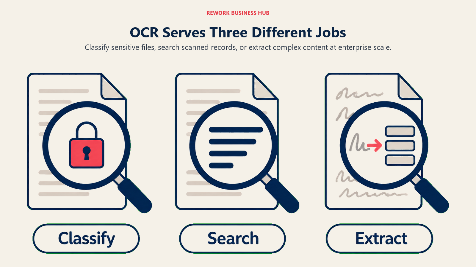 OCR Serves Three Different Jobs: Classify sensitive files, search scanned records, or extract complex content at enterprise scale.
