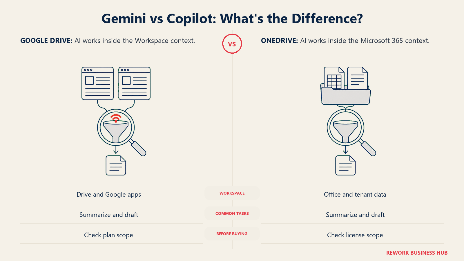 Gemini vs Copilot: What's the Difference?: AI works inside the Workspace context. AI works inside the Microsoft 365 context.