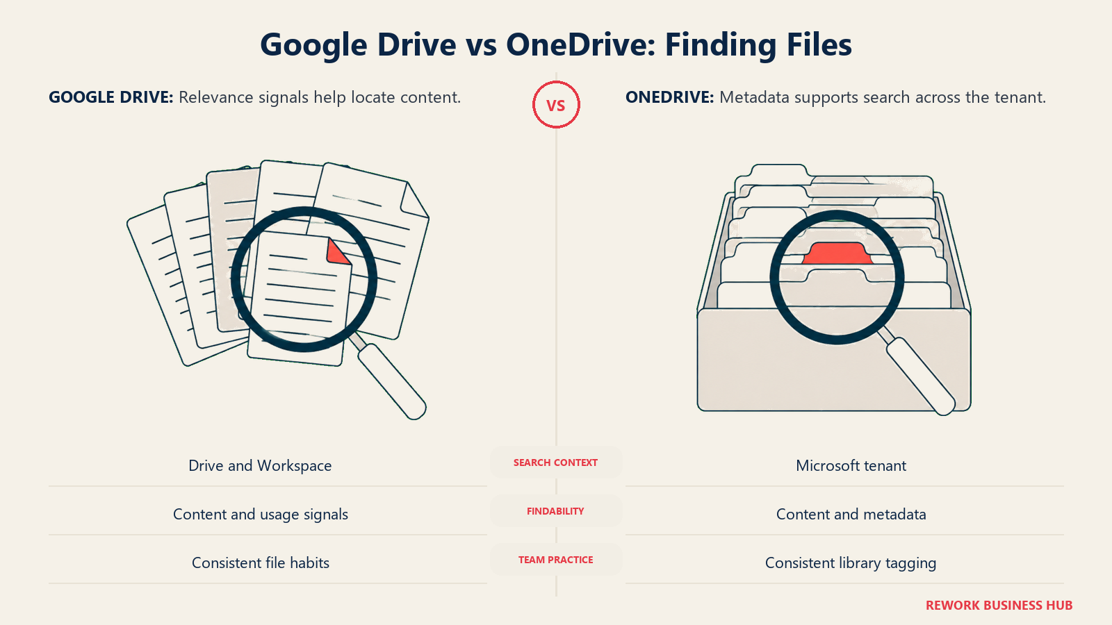 Google Drive vs OneDrive: Finding Files: Relevance signals help locate content. Metadata supports search across the tenant.