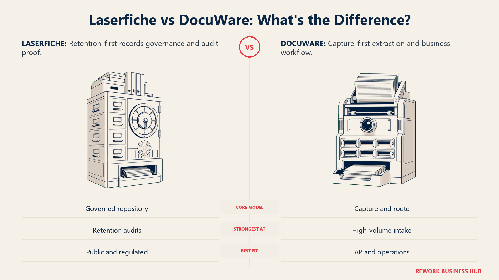 A governed records-retention archive compared with a high-volume capture and approval engine for Laserfiche versus DocuWare
