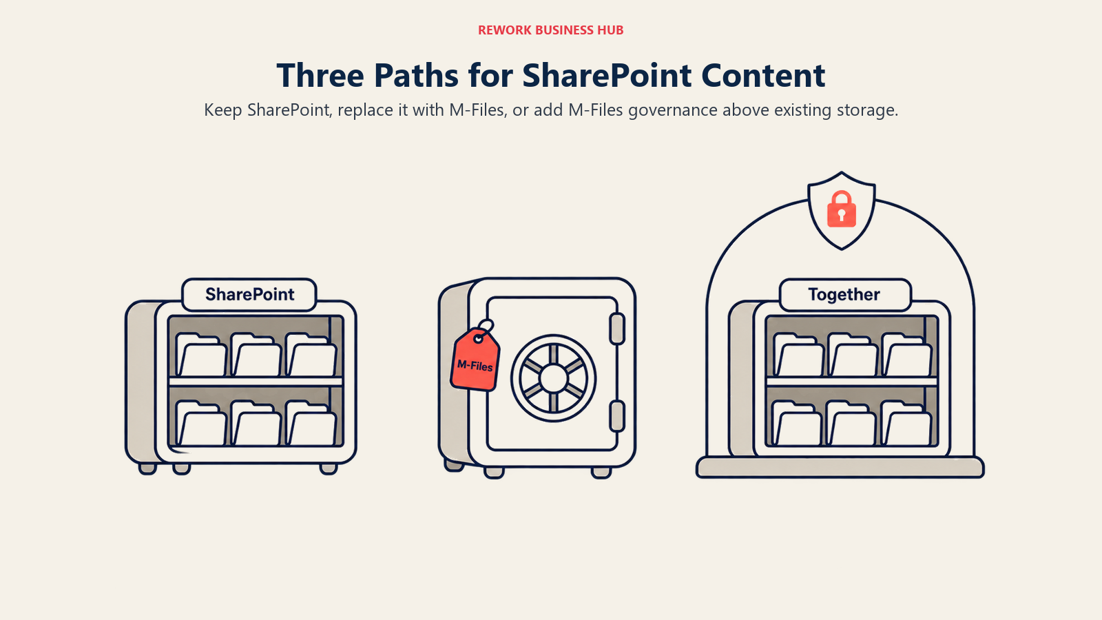 Three Paths for SharePoint Content: Keep SharePoint, replace it with M-Files, or add M-Files governance above existing storage.