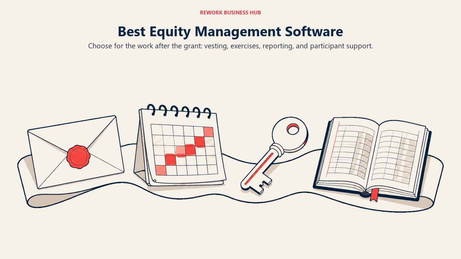 Grant envelope, vesting calendar, exercise key, and accounting ledger along an equity lifecycle ribbon.