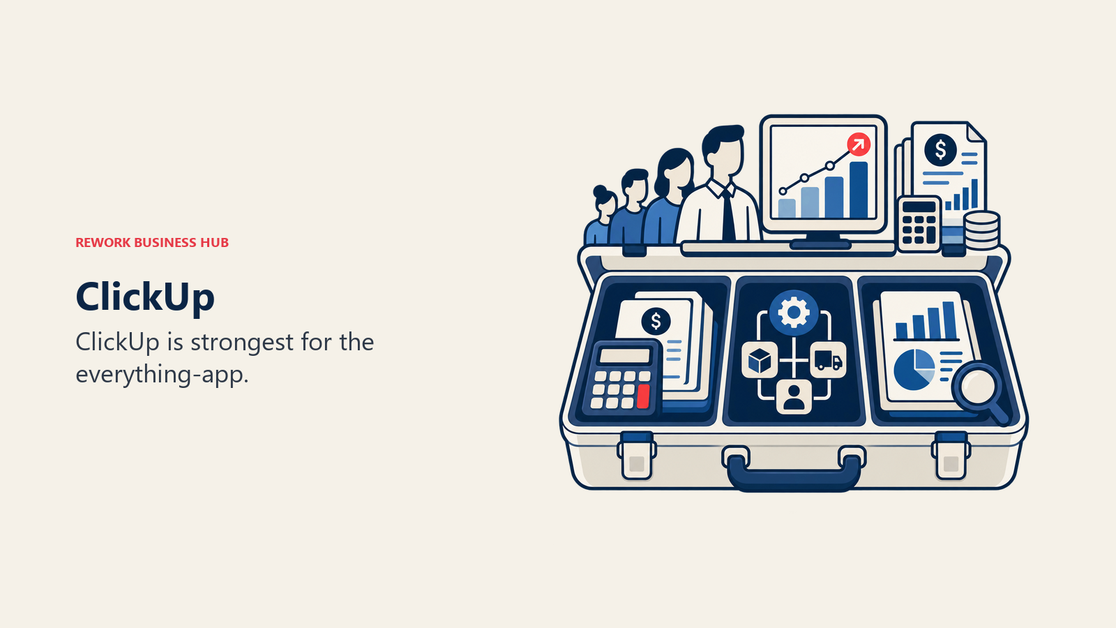 ClickUp illustrated by business software toolkit matching a growing team to the right operating layer.