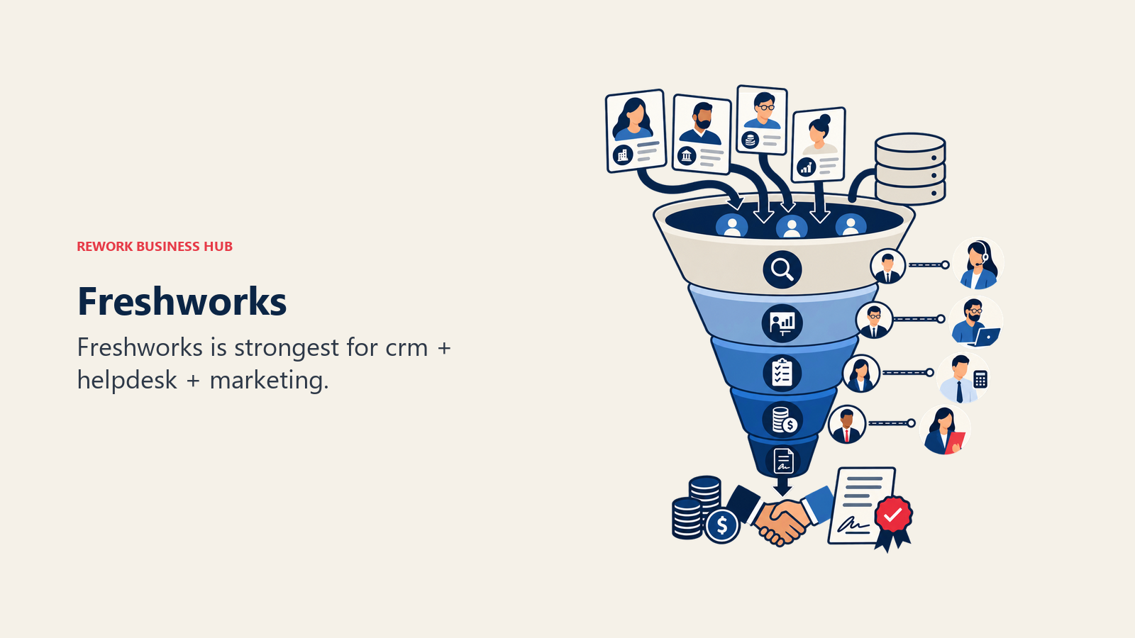 Freshworks illustrated by customer records flowing through a multi-stage sales funnel.