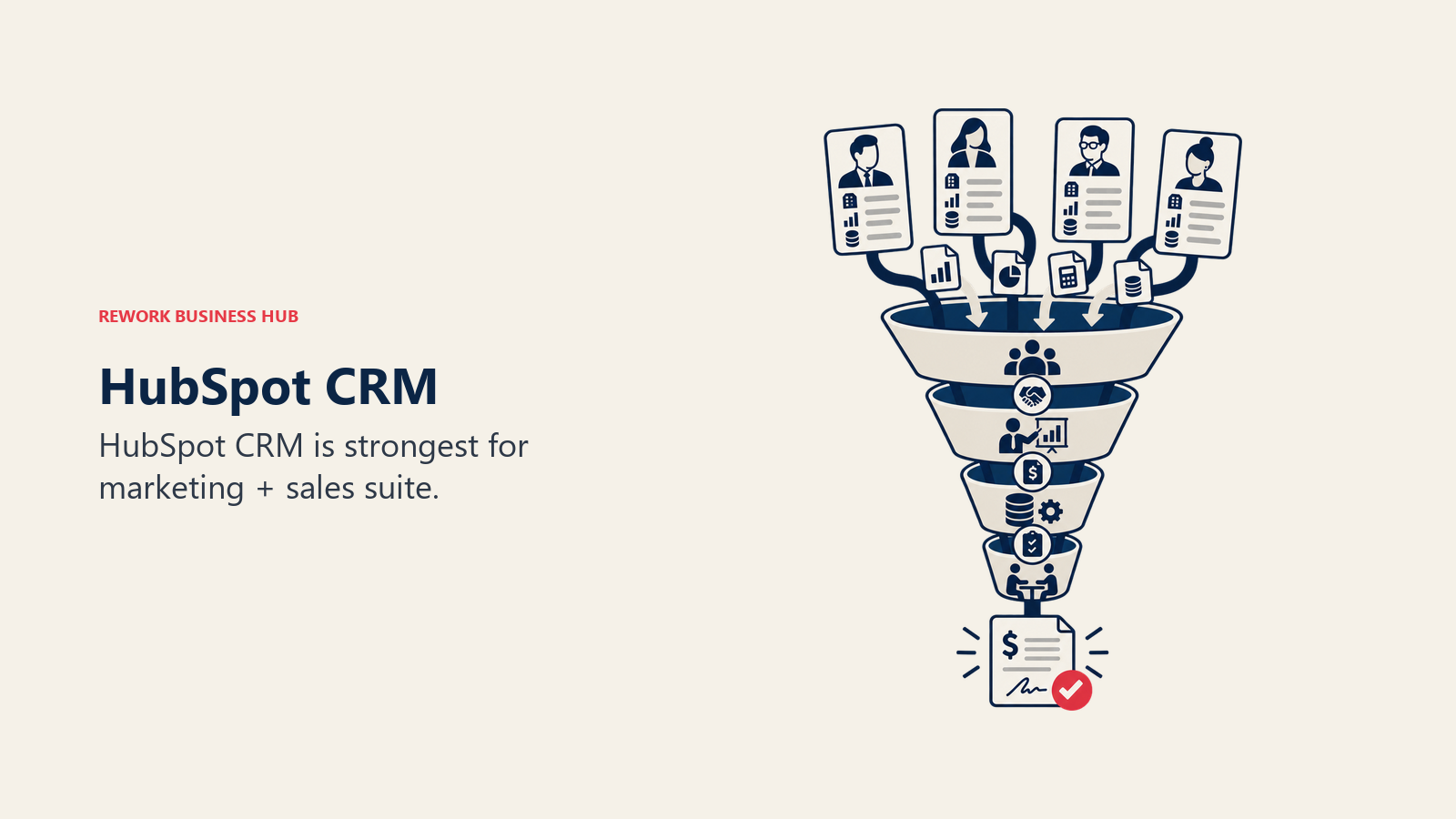 HubSpot CRM illustrated by customer records flowing through a multi-stage sales funnel.