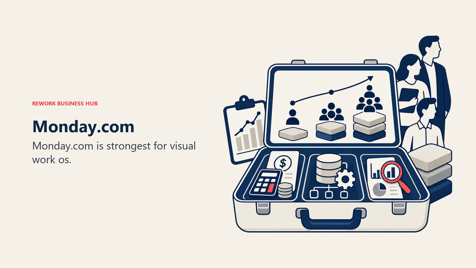 Monday.com illustrated by business software toolkit matching a growing team to the right operating layer.