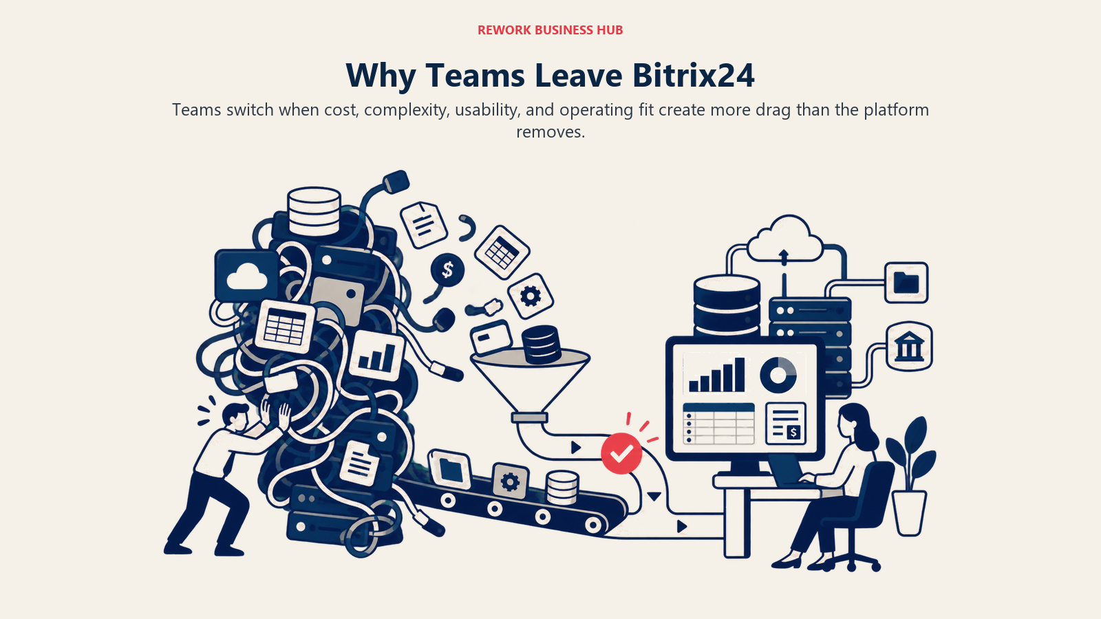 Why Teams Leave Bitrix24 illustrated by an overloaded software stack shedding tangled modules into a cleaner operating path.