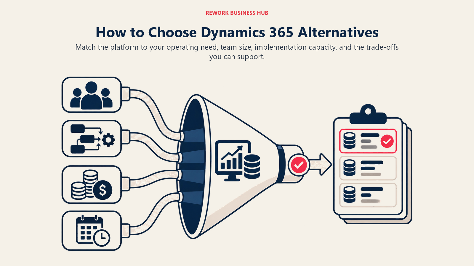 How to Choose Dynamics 365 Alternatives illustrated by a decision lens sorting team size, workflow depth, cost, and implementation capacity into a shortlist.
