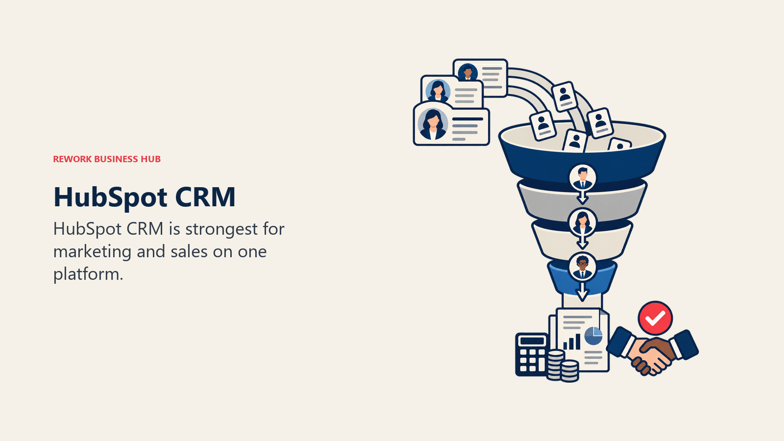 HubSpot CRM illustrated by customer records flowing through a multi-stage sales funnel.