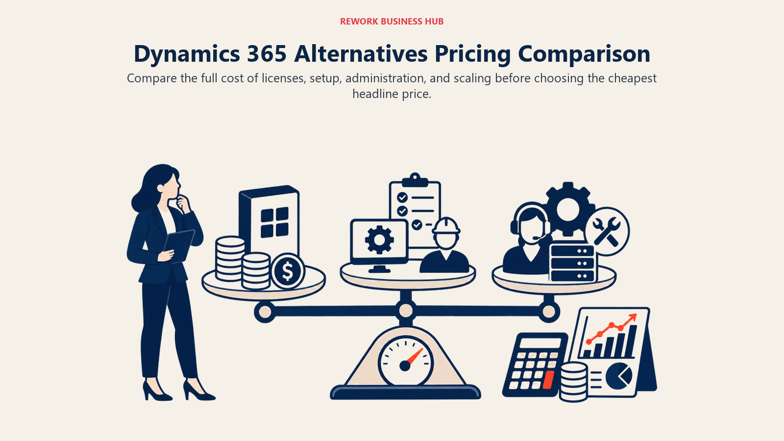 Dynamics 365 Alternatives Pricing Comparison illustrated by three cost layers balancing license, implementation, and administration weight.