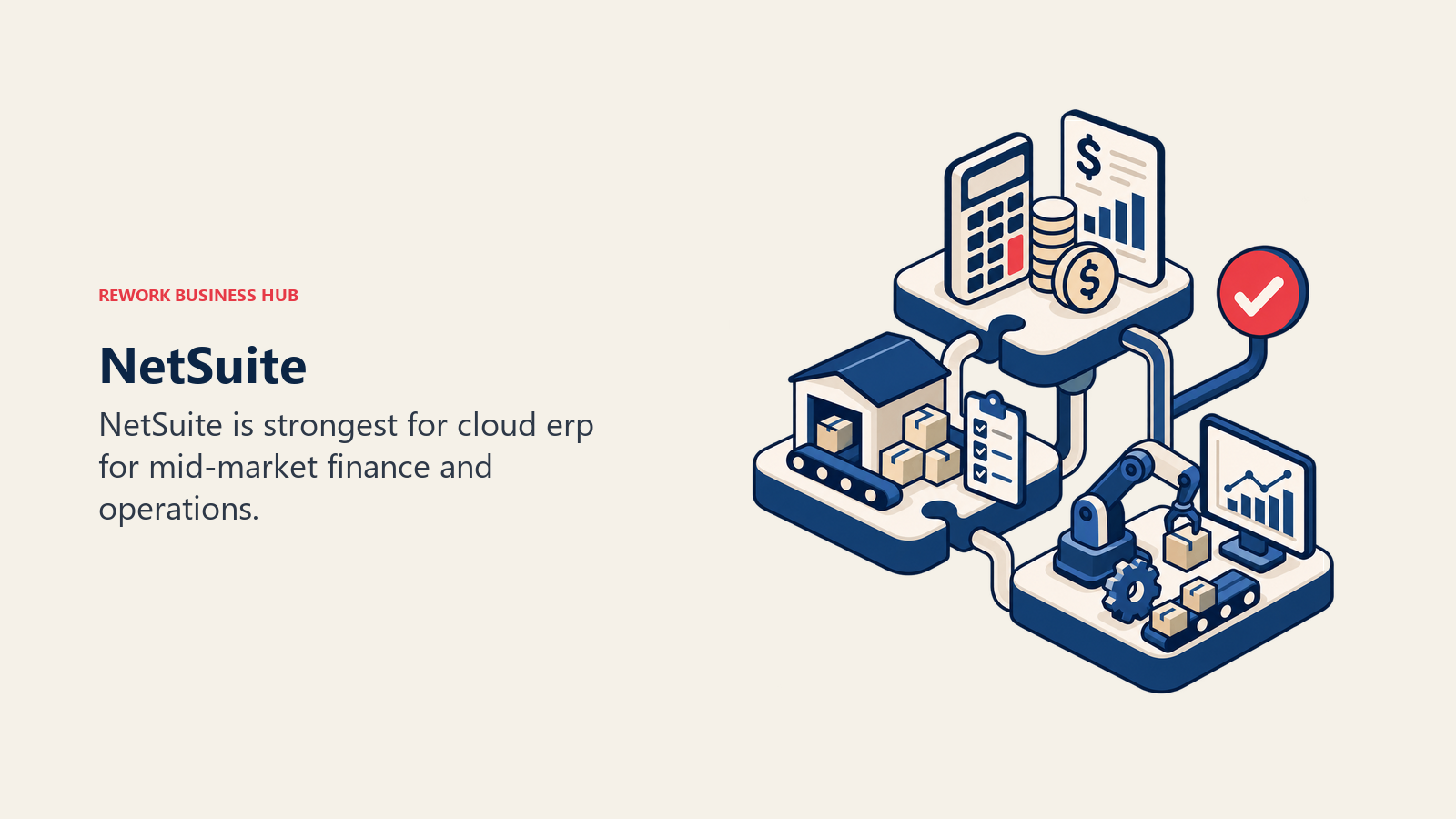 NetSuite illustrated by modular ERP stack joining finance, inventory, and operations blocks.