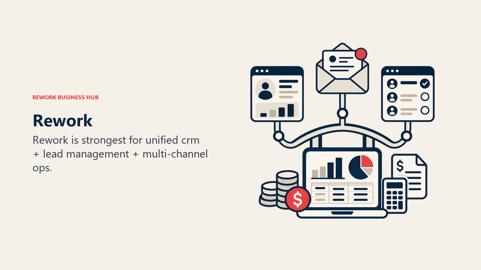 Rework illustrated by shared operations bridge linking CRM, inbox, and team workflow objects.