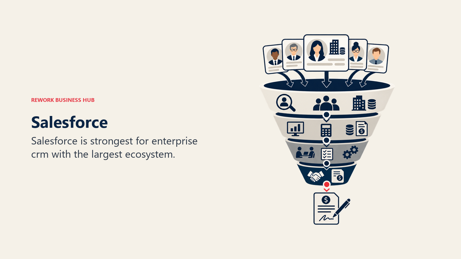 Salesforce illustrated by customer records flowing through a multi-stage sales funnel.