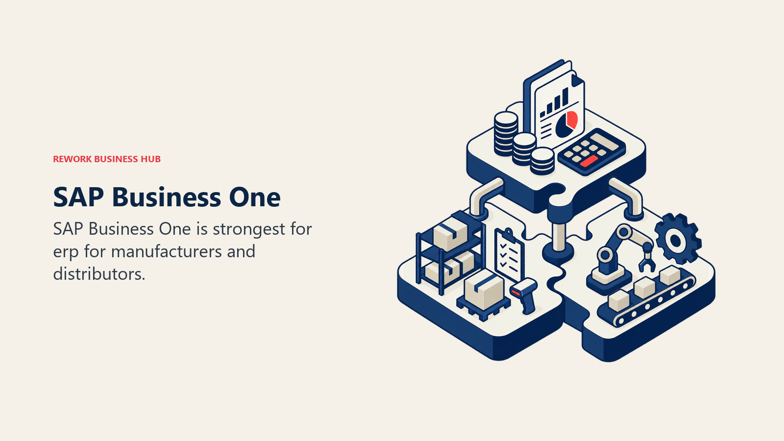 SAP Business One illustrated by modular ERP stack joining finance, inventory, and operations blocks.