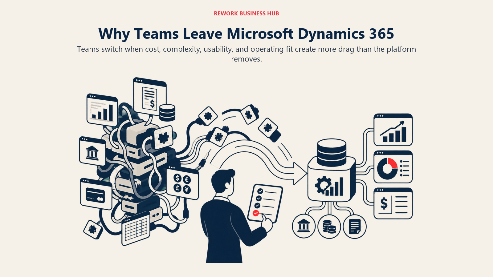 Why Teams Leave Microsoft Dynamics 365 illustrated by an overloaded software stack shedding tangled modules into a cleaner operating path.