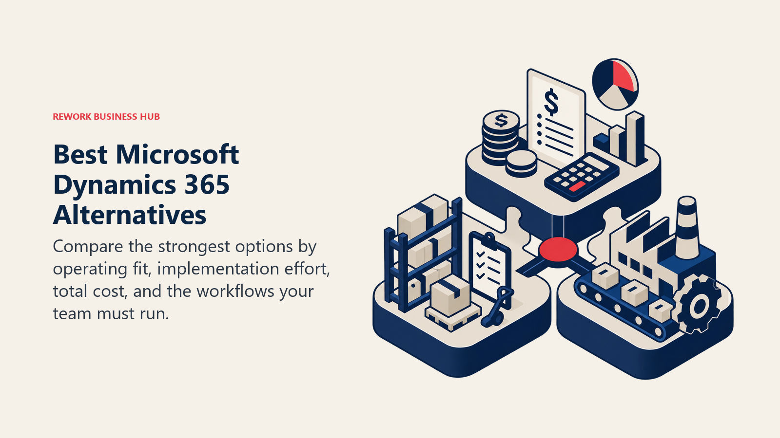 Best Microsoft Dynamics 365 Alternatives illustrated by modular ERP stack joining finance, inventory, and operations blocks.