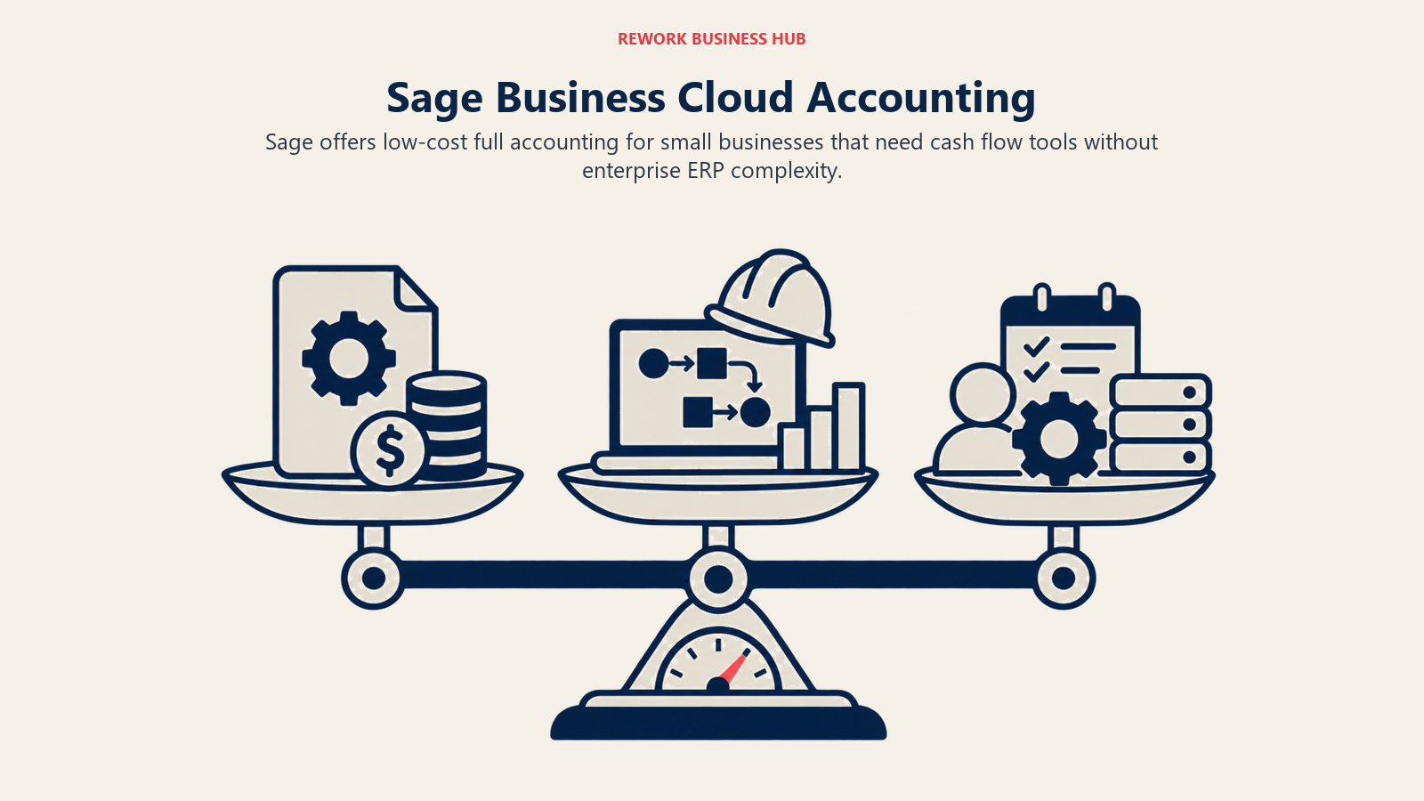 Sage Business Cloud Accounting illustrated by three cost layers balancing license, implementation, and administration weight.