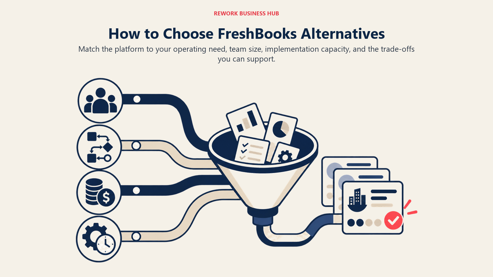 How to Choose FreshBooks Alternatives illustrated by a decision lens sorting team size, workflow depth, cost, and implementation capacity into a shortlist.