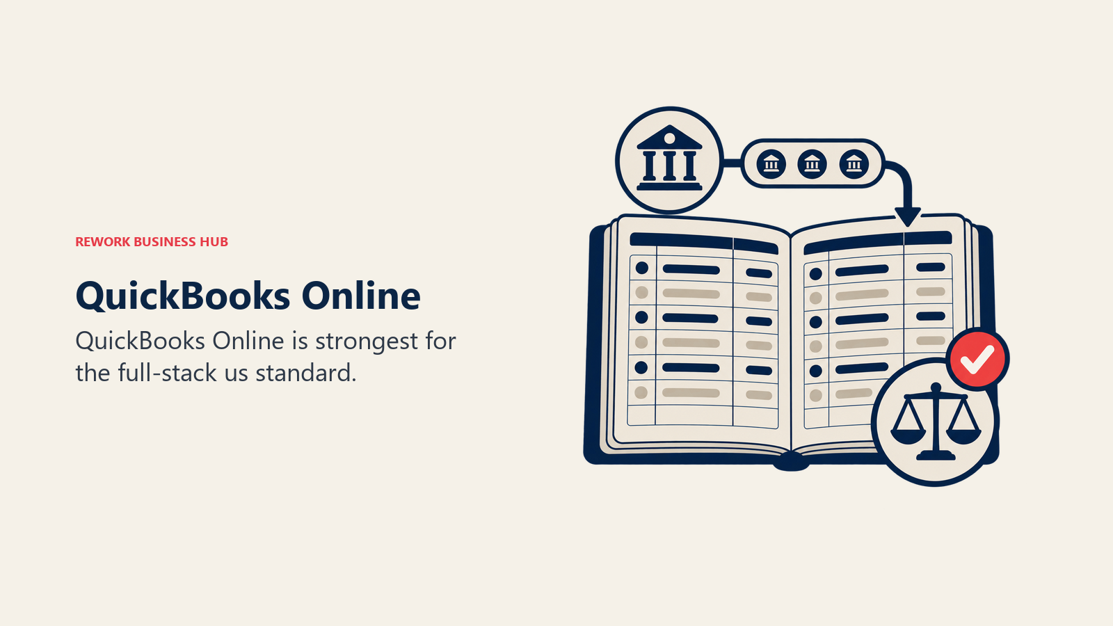 QuickBooks Online illustrated by accounting ledger with bank feed tokens and one balanced reconciliation marker.