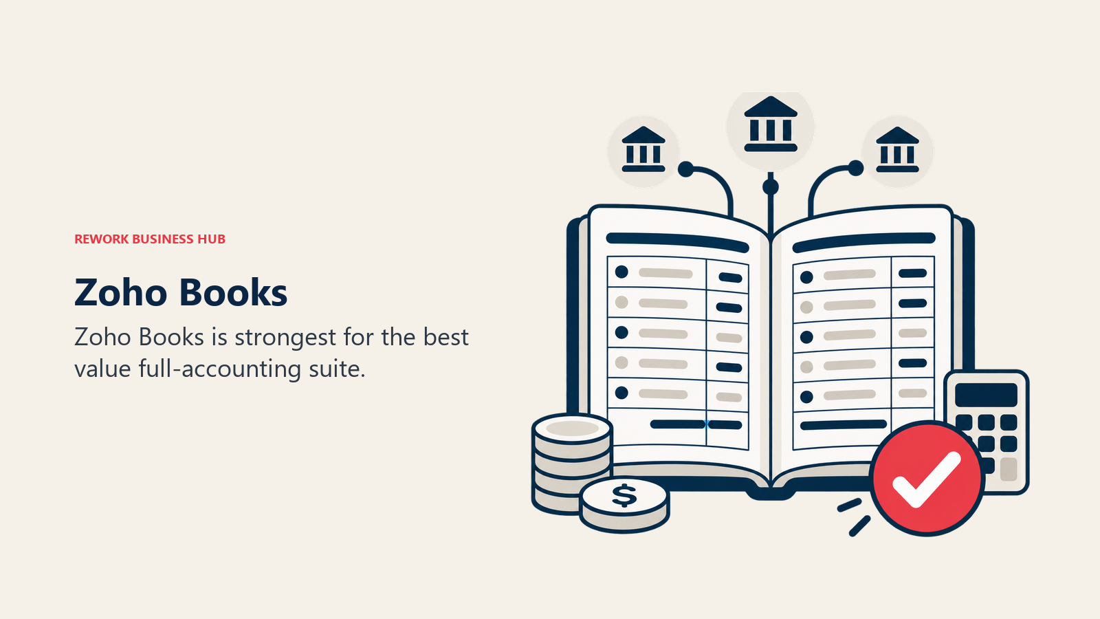 Zoho Books illustrated by accounting ledger with bank feed tokens and one balanced reconciliation marker.