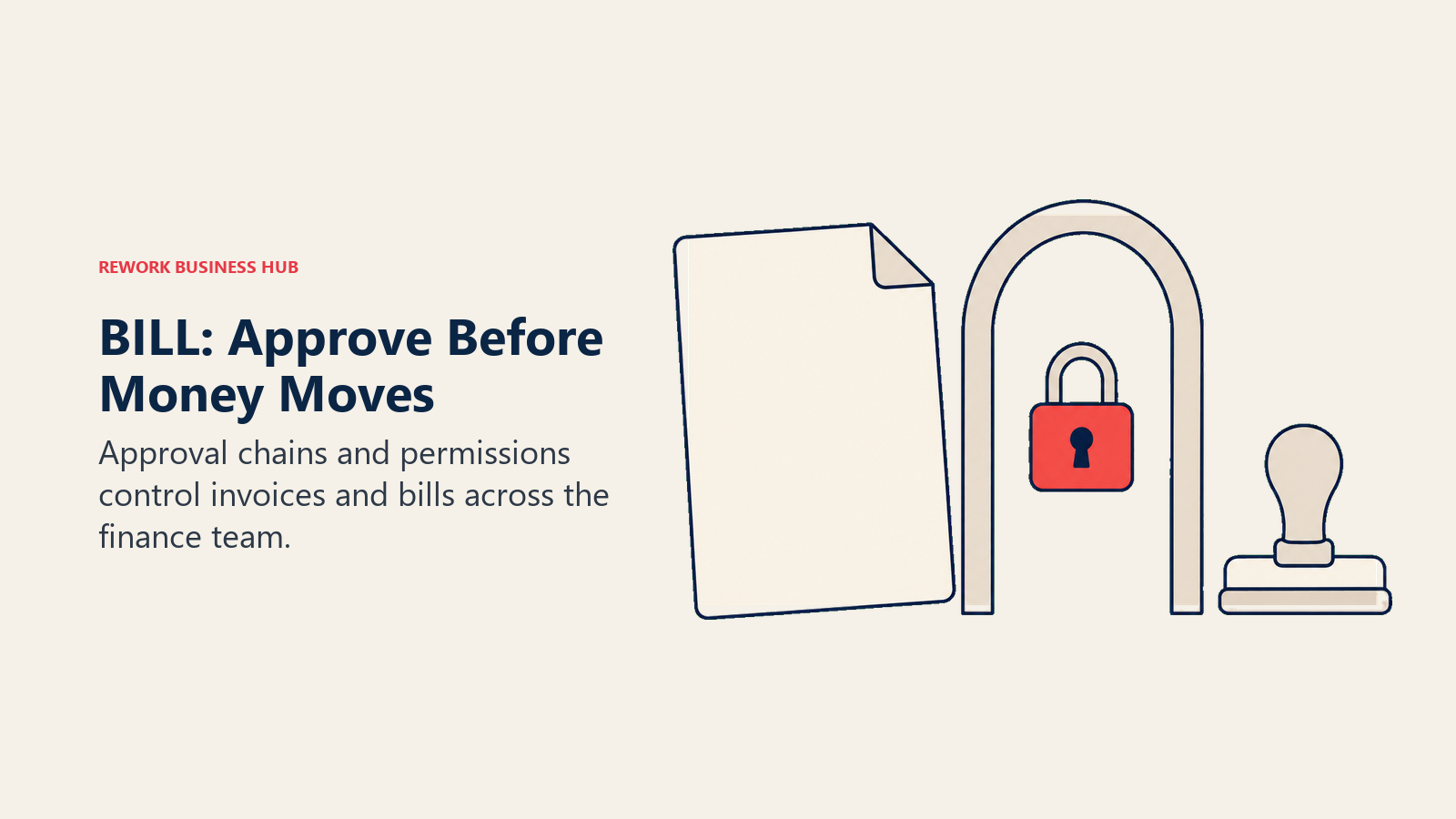 BILL invoice approval shown as an invoice beside a locked approval doorway and stamp