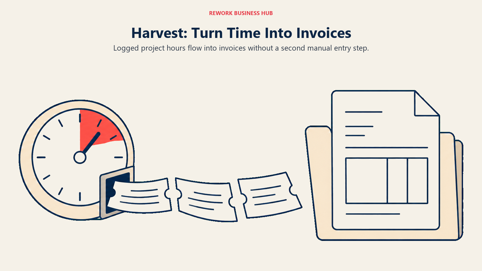 Harvest time-based billing shown as tracked time slips feeding an invoice