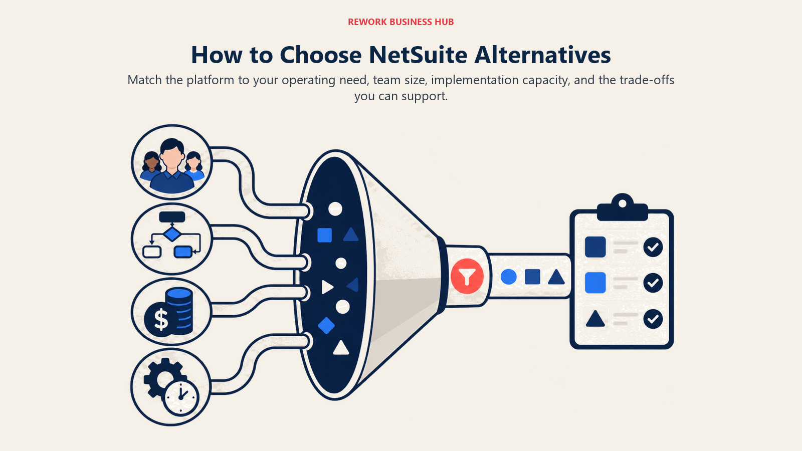How to Choose NetSuite Alternatives illustrated by a decision lens sorting team size, workflow depth, cost, and implementation capacity into a shortlist.
