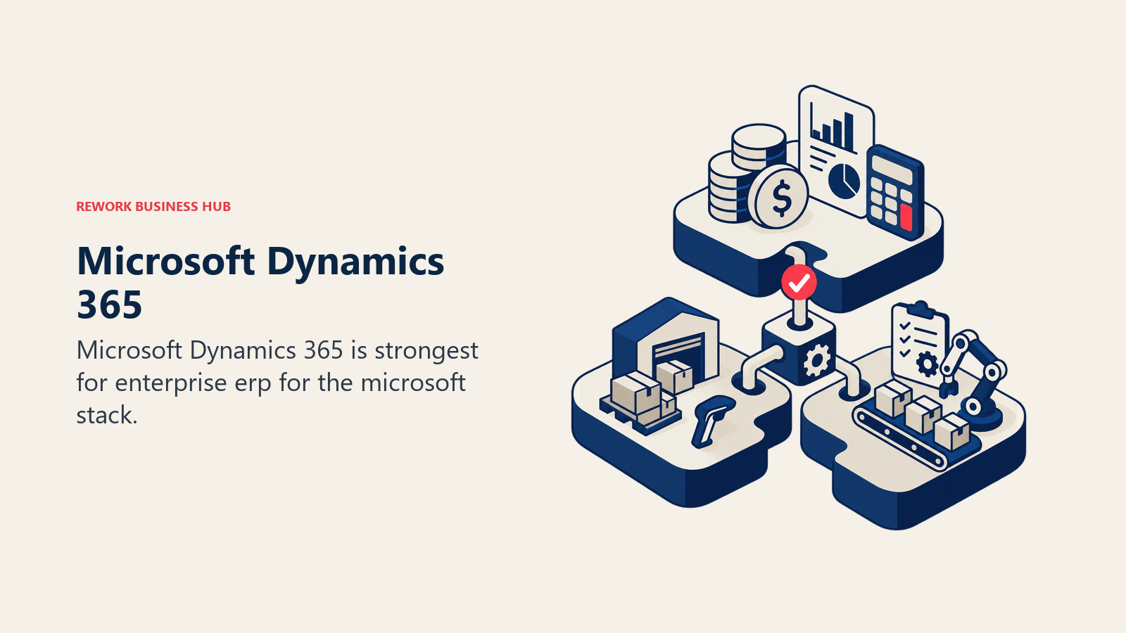 Microsoft Dynamics 365 illustrated by modular ERP stack joining finance, inventory, and operations blocks.