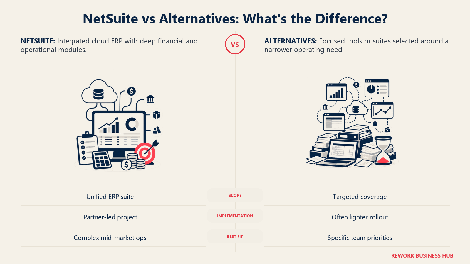 NetSuite vs Alternatives: What's the Difference? illustrated by matched operating metaphors for NetSuite and Alternatives.