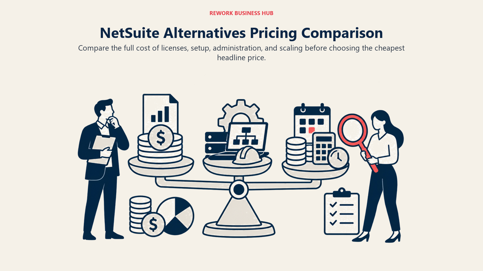 NetSuite Alternatives Pricing Comparison illustrated by three cost layers balancing license, implementation, and administration weight.