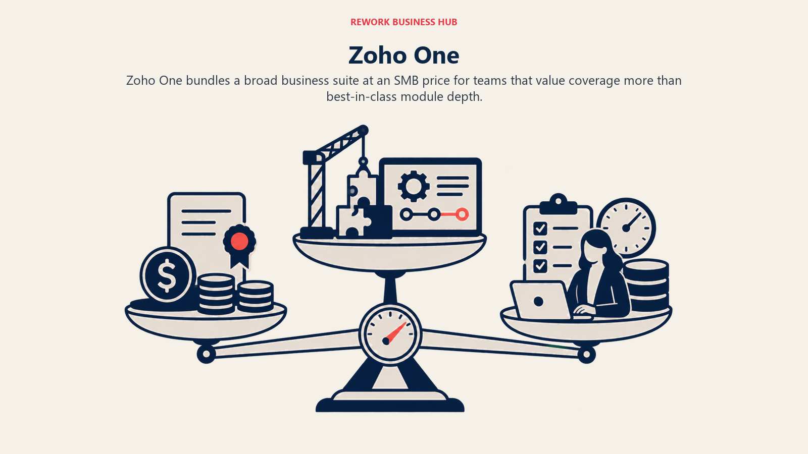 Zoho One illustrated by three cost layers balancing license, implementation, and administration weight.