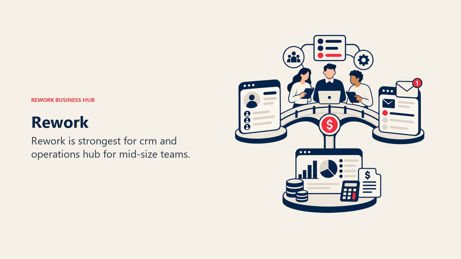 Rework illustrated by shared operations bridge linking CRM, inbox, and team workflow objects.