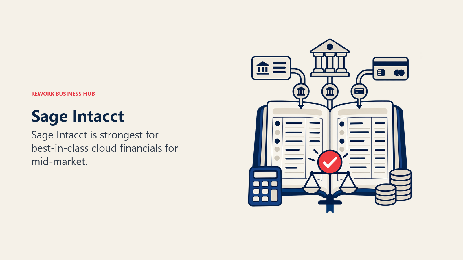 Sage Intacct illustrated by accounting ledger with bank feed tokens and one balanced reconciliation marker.