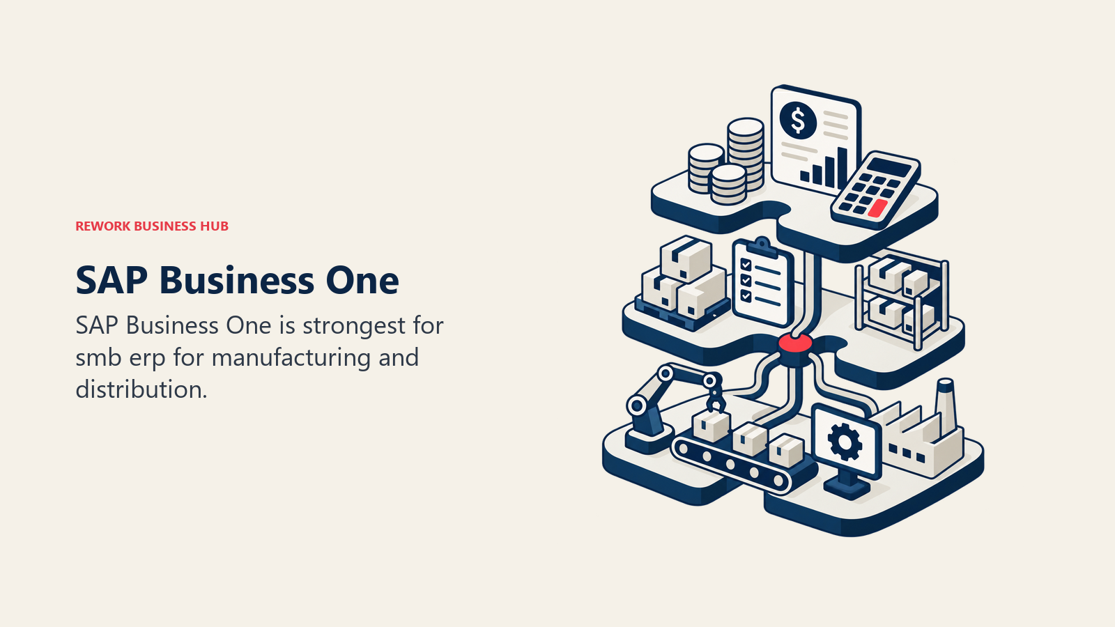 SAP Business One illustrated by modular ERP stack joining finance, inventory, and operations blocks.
