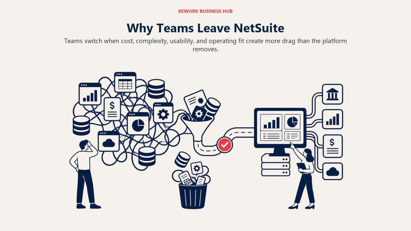 Why Teams Leave NetSuite illustrated by an overloaded software stack shedding tangled modules into a cleaner operating path.