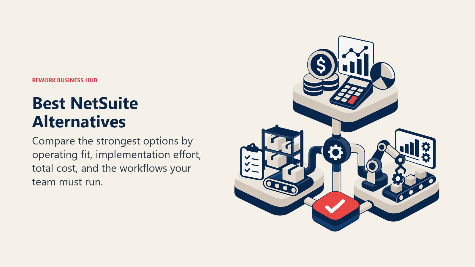 Best NetSuite Alternatives illustrated by modular ERP stack joining finance, inventory, and operations blocks.