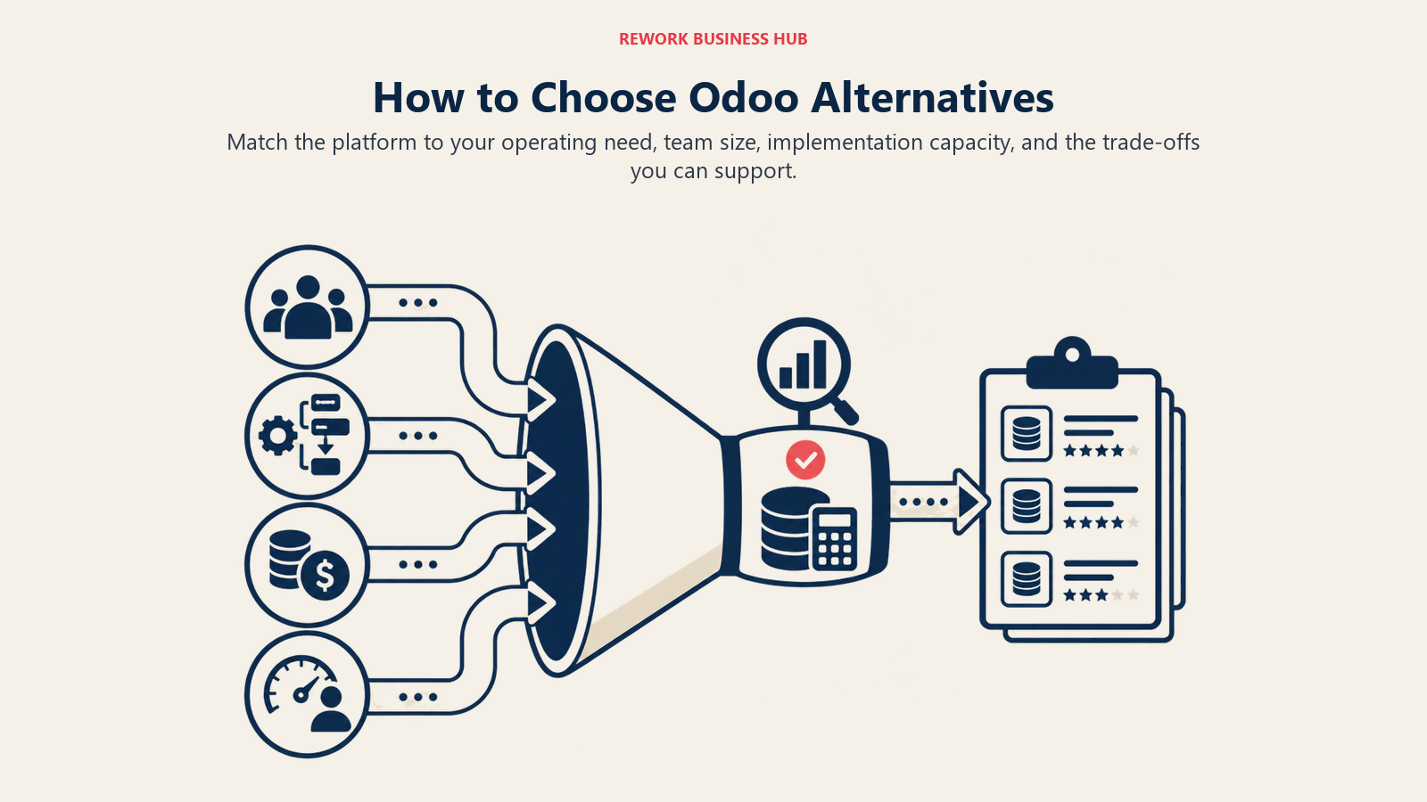 How to Choose Odoo Alternatives illustrated by a decision lens sorting team size, workflow depth, cost, and implementation capacity into a shortlist.