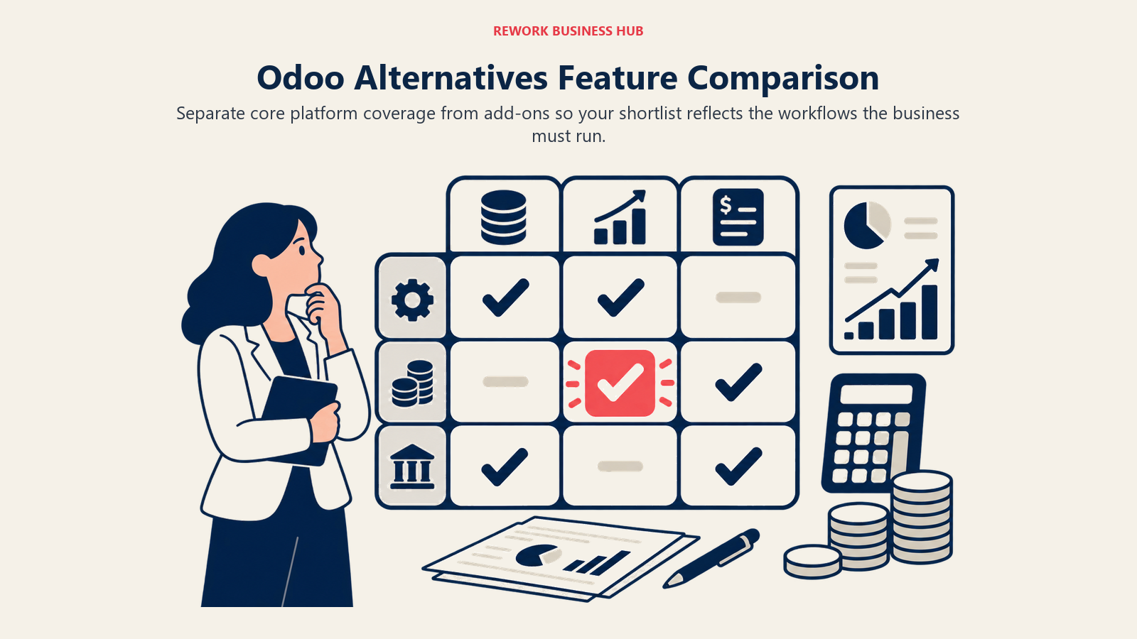Odoo Alternatives Feature Comparison illustrated by a sparse decision matrix of platform coverage blocks with one coral must-have marker.
