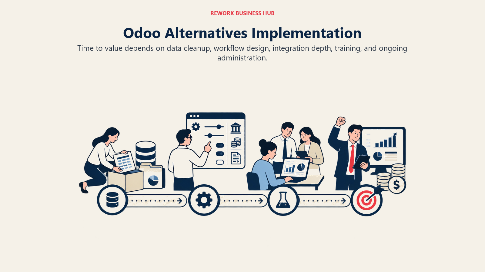 Odoo Alternatives Implementation illustrated by a staged rollout route from data preparation through configuration, pilot, and adoption.