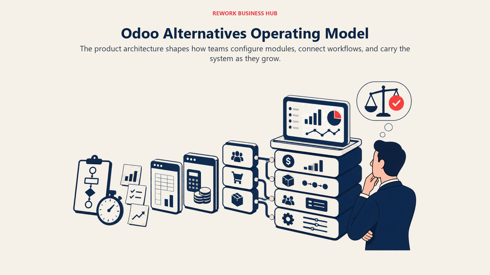 Odoo Alternatives Operating Model illustrated by business modules arranged by depth from lean tools to integrated operating suites.