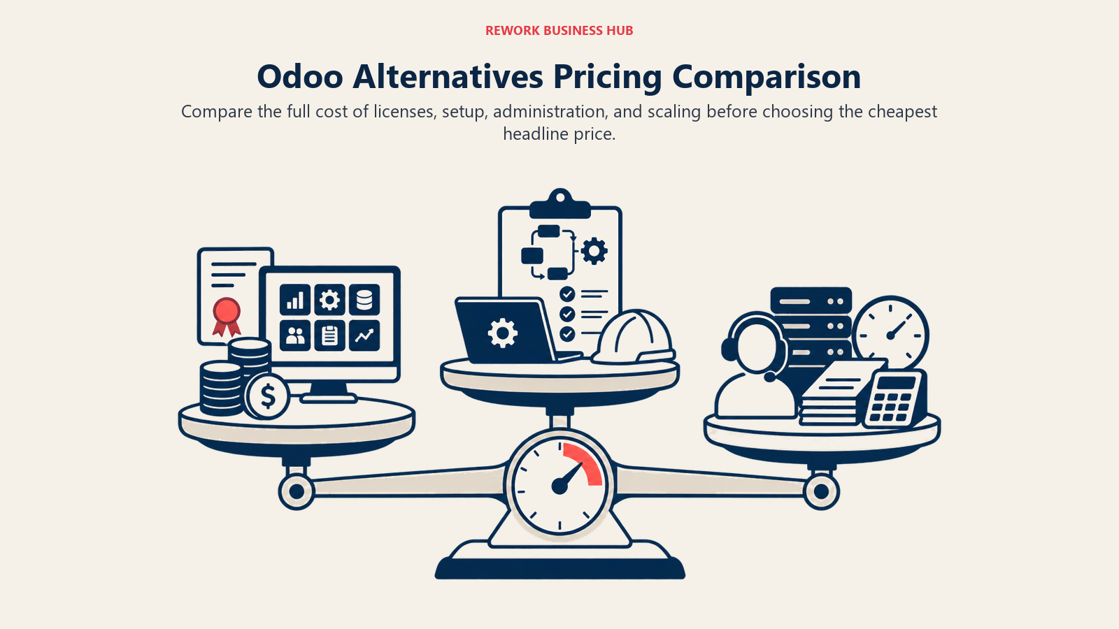 Odoo Alternatives Pricing Comparison illustrated by three cost layers balancing license, implementation, and administration weight.